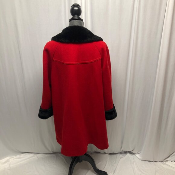 Davis of Boston Red Wool Black Faux Fur Coat Womens Custom Size Large XL Vintage - Picture 4 of 6